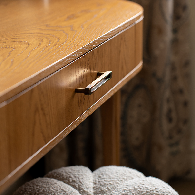 Lucia Dressing Table, shown in Oak Heritage with antique brass handle
