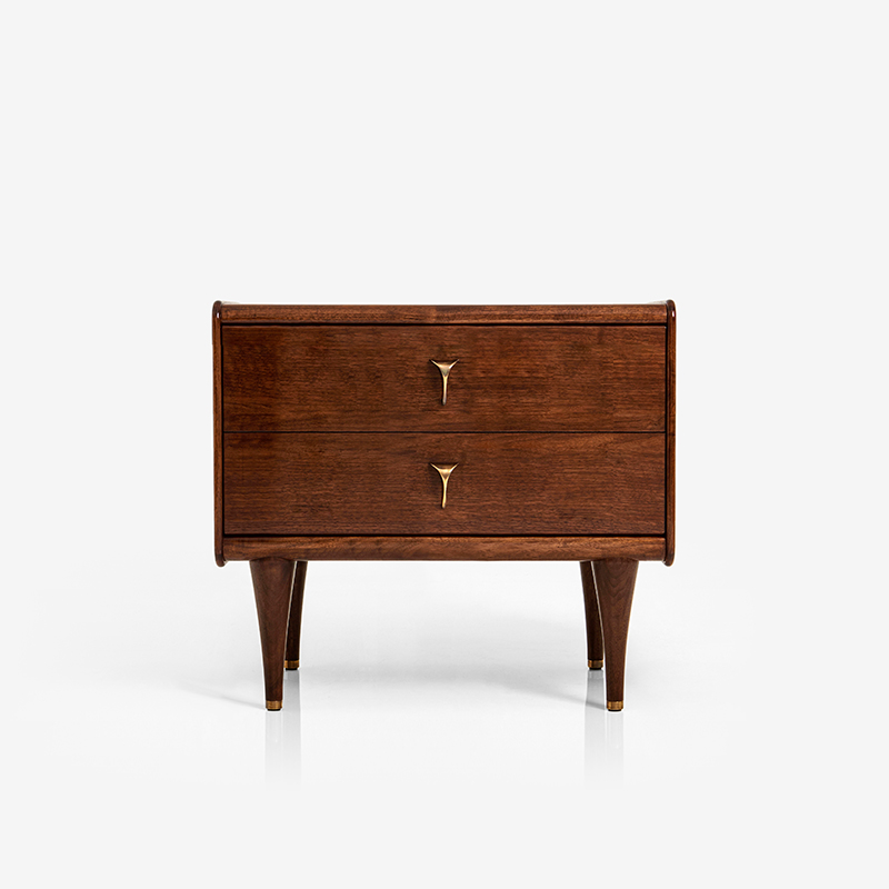 Adler Cabinet in Walnut Dark French polish with Antique brass handles and recessed glass top