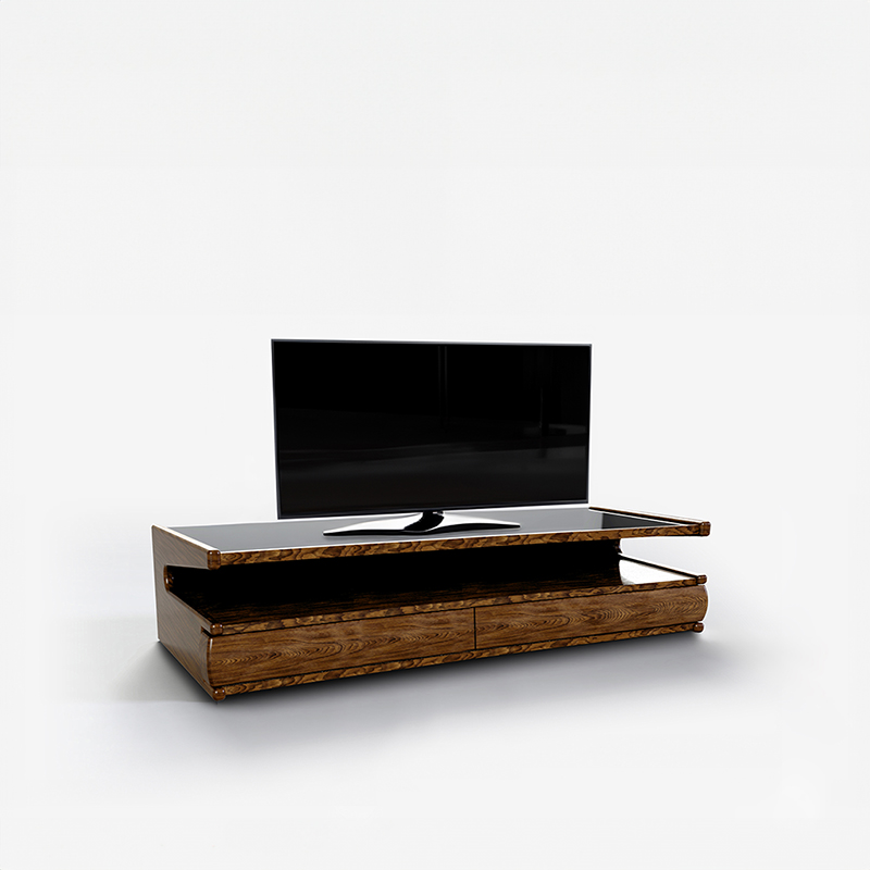 Claro Sideboard, in Walnut Medium Lacquer with recessed ebonised glass top. With TV in-situ.