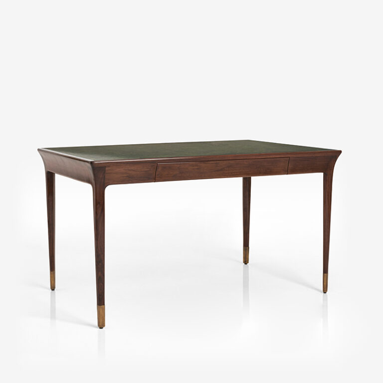 Lazlo Writing Table in Walnut Dark French polish and recessed leather top